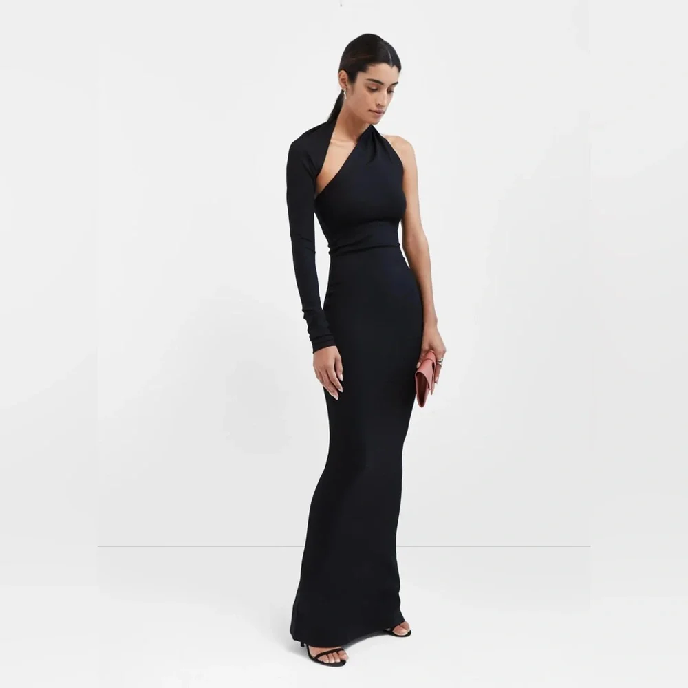 New! Marcella Manhattan One Shoulder Knit Gown Black Maxi Dress Size Medium - Picture 3 of 10